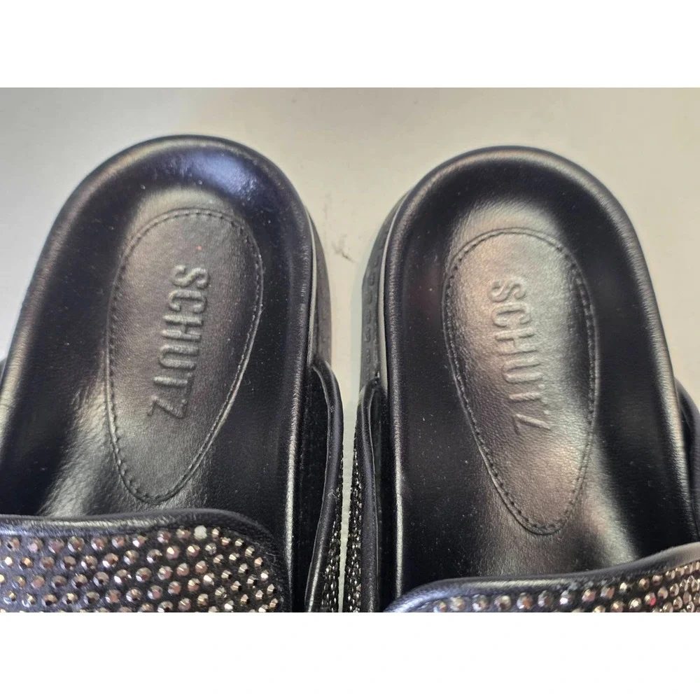 Schutz Ava Women's Shoes Size 7 B Black Leather Mule Metallic Slip‎ On Slides